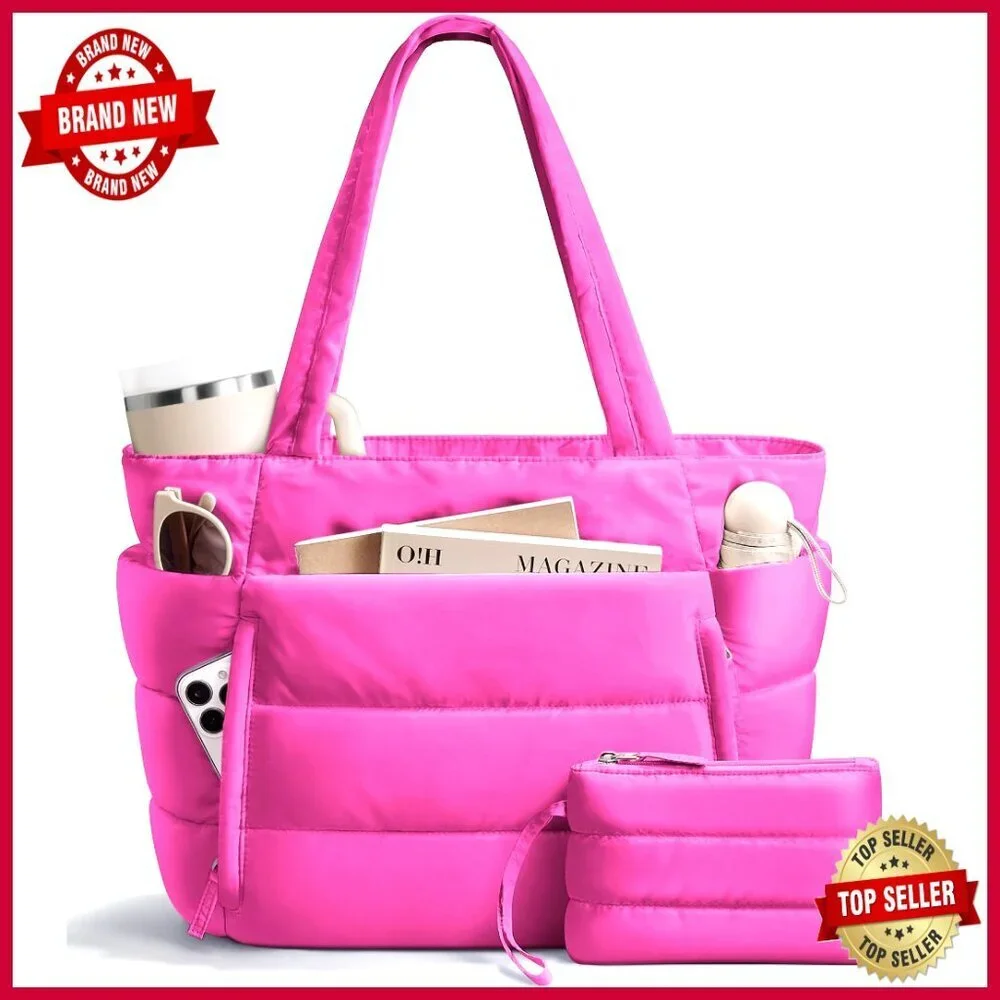 Puffer Tote Bag with Laptop Sleeve and Tumbler Holder, Lightweight Work Travel